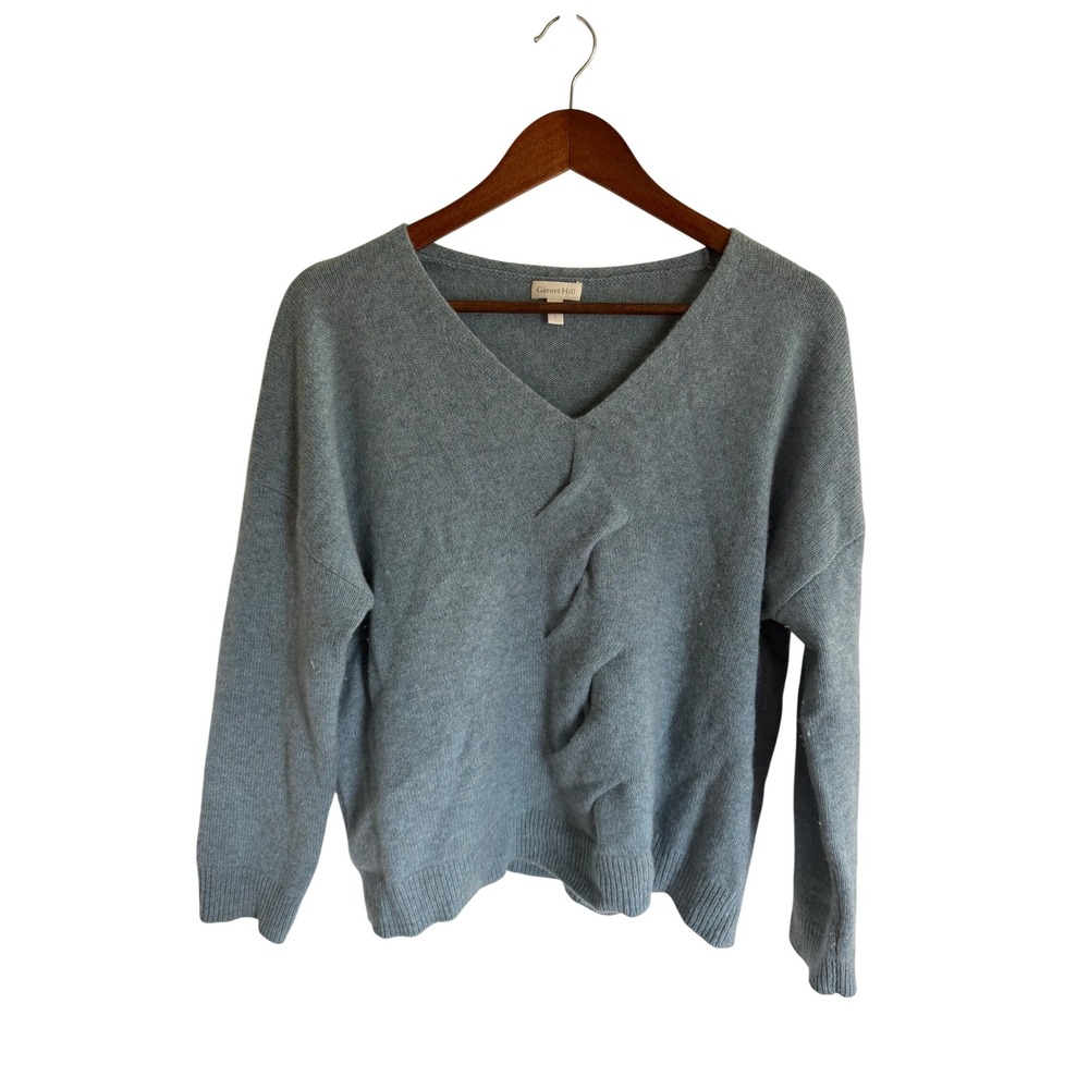 Garnet Hill 100% Cashmere V-Neck Sweater Dusty Blue Twisted Front Relaxed Large - Picture 2 of 8